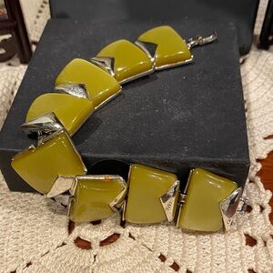 Elegant Charel  Olive Green Thermoset Lucite and Silver Tone Bracelet